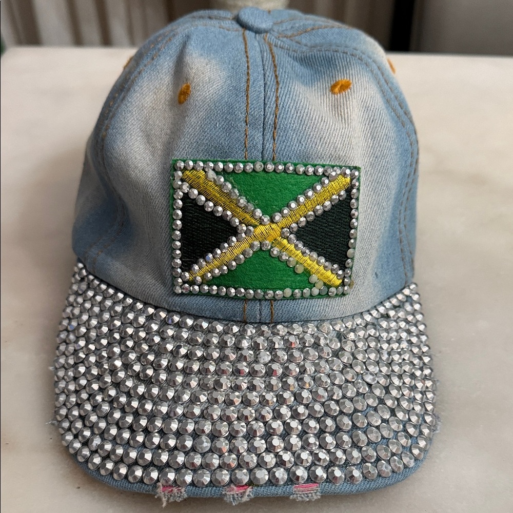 Stylish Denim Cap with Rhinestones and Jamaica ๐ฏ๐ฒ Flag Patch - Picture 2 of 13
